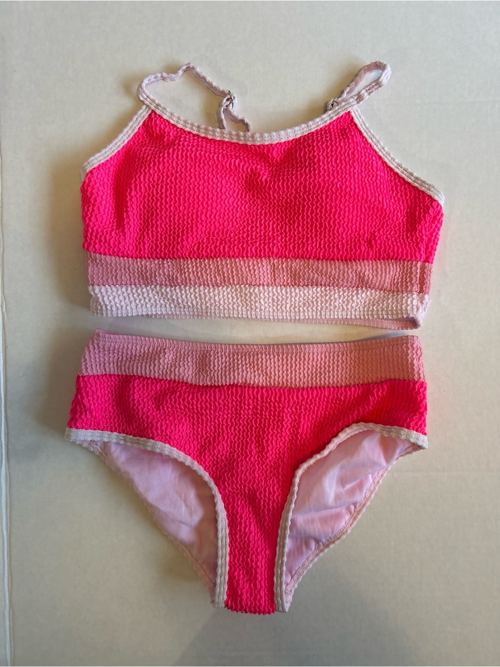 Kids Girls Hot Pink Two-Piece Textured Bikini with Blush Trim Size 11-12